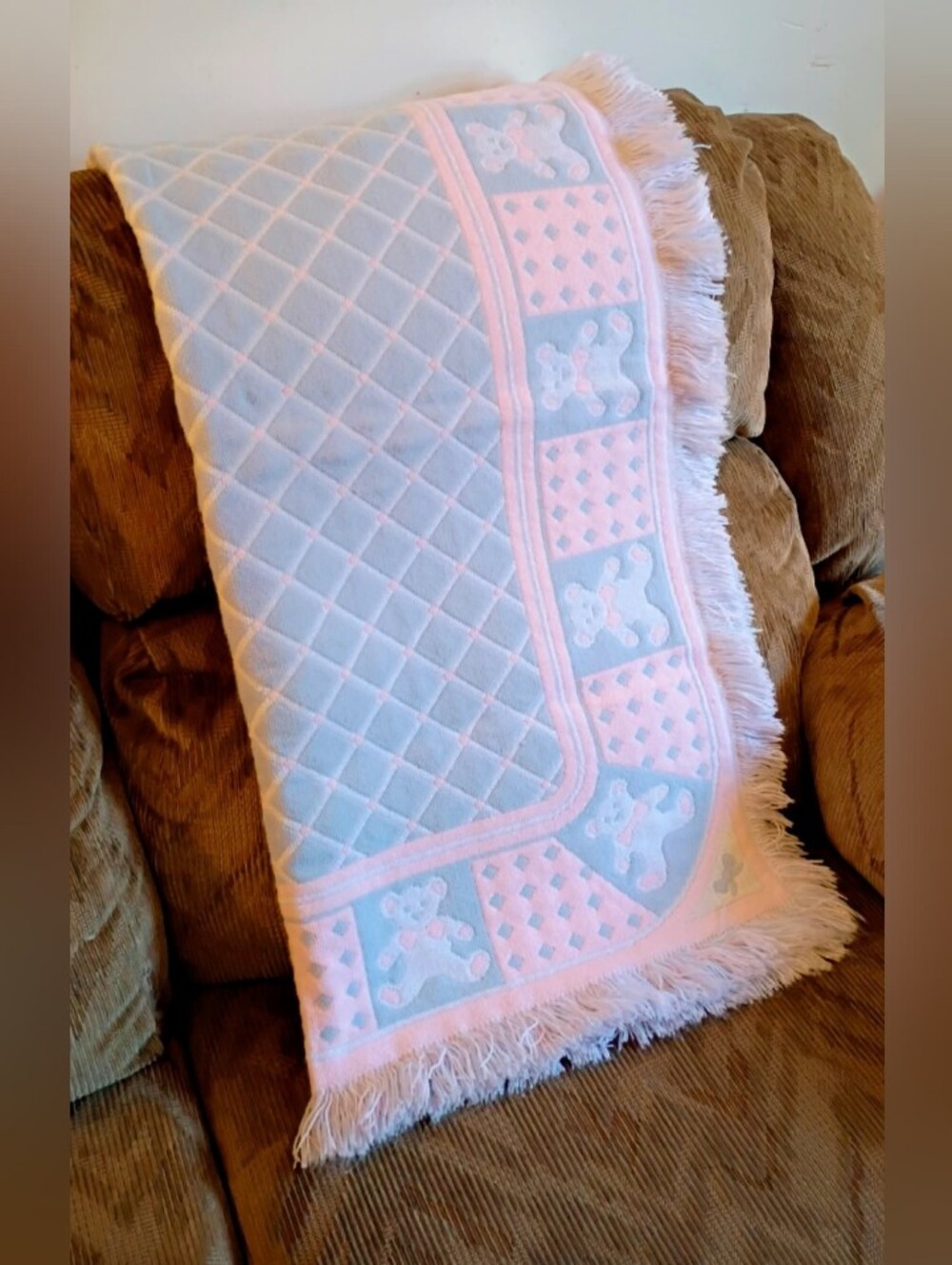 Pink and Blue Teddy Bear Baby Blanket with Fringe